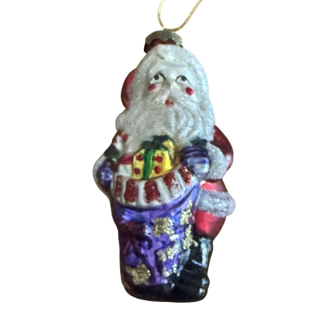 Hand-Painted Santa Claus Glass Ornament w/Glitter Accents Christmas Decoration